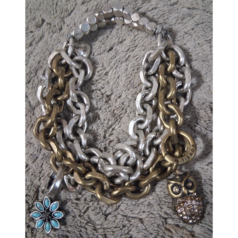 Fossil Mixed Metal Triple Strand Charm Bracelet Owl Flower Silver Brass Stretch